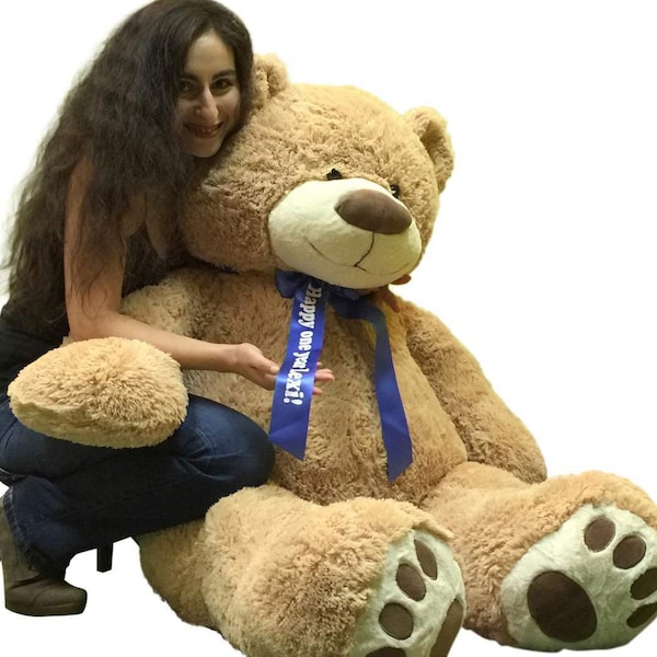 Custom Personalized Big Plush Giant Teddy Bear 5 Feet Tall - Your Name or Message Imprinted on Bear's Blue Neck Ribbon Bow