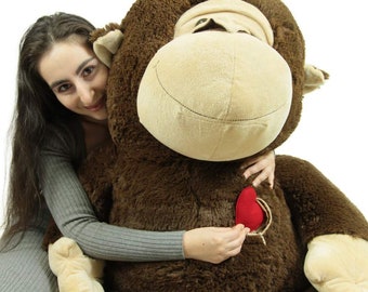 Giant Stuffed Monkey, Heart in Zippered Chest Pocket to Express Love, 48 Inch Soft 4 Feet Tall