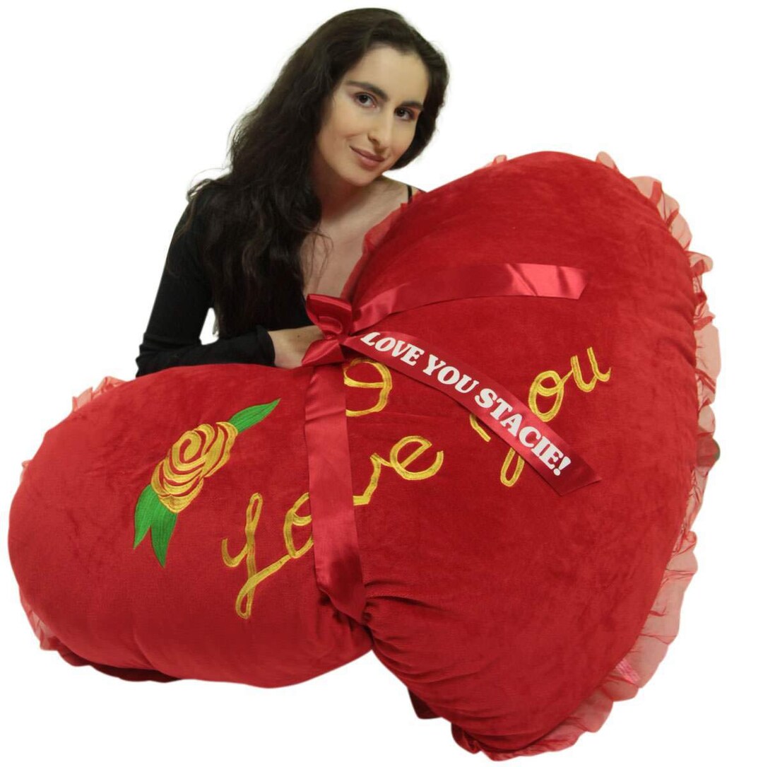 Personalized Extra Large Heart Pillow 42 Inches Soft Embroidered Rose I