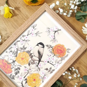 Illustration Aurora Poster Birds Titmouse and camellia inspired by Sakura