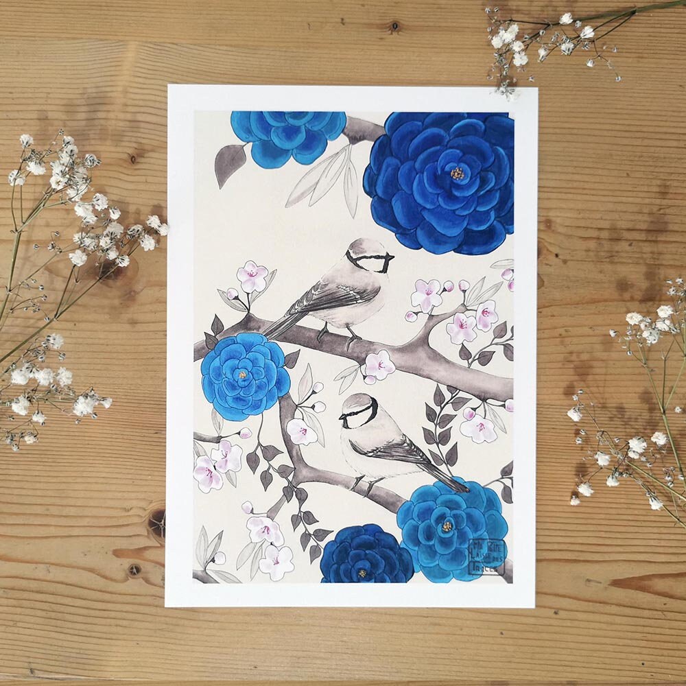 Affichette Oiseaux Mésange Azur Camélia Bleue Sakura Imprimée