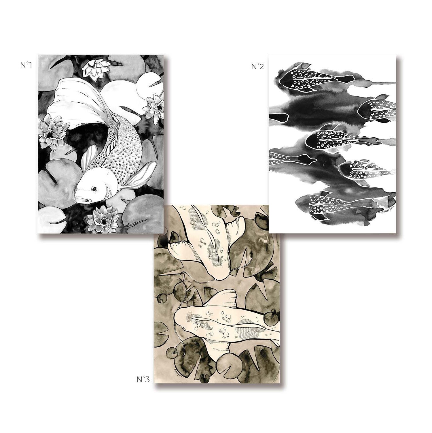 Trio d'affichettes Carpes Koï Dessinées à L'encre de Chine Illustration Imprimées en France