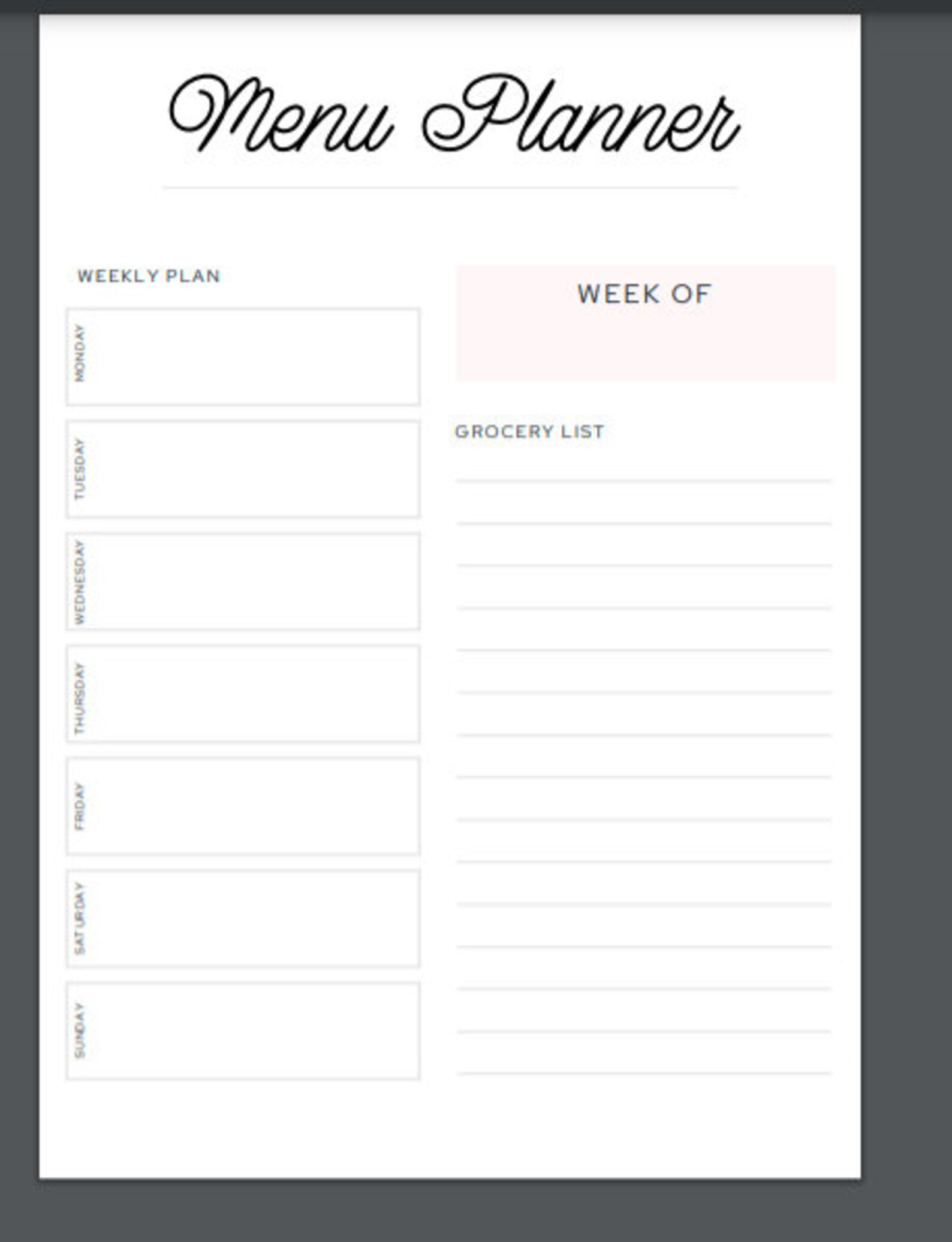 Printable Menu Planner - Etsy