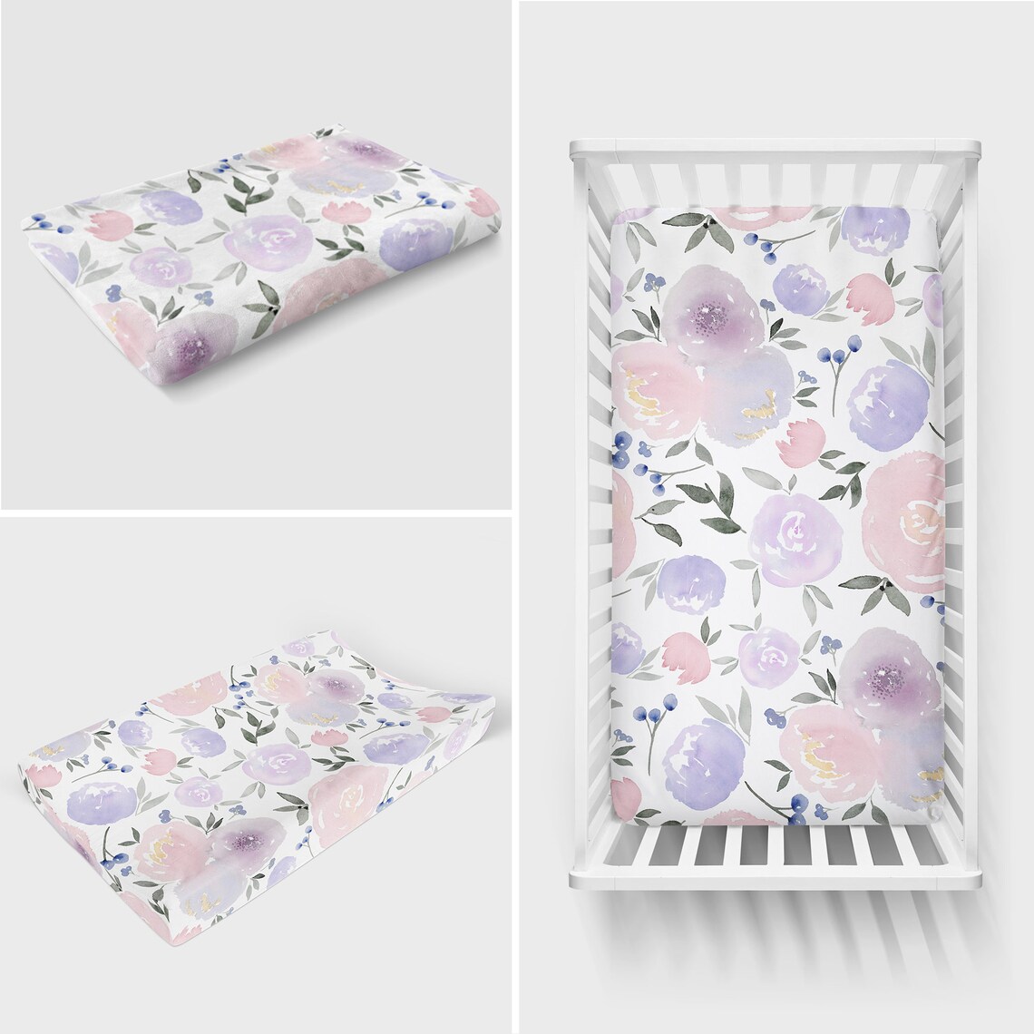 Purple Nursery Decor Set Baby Bedding Bundle Floral Etsy