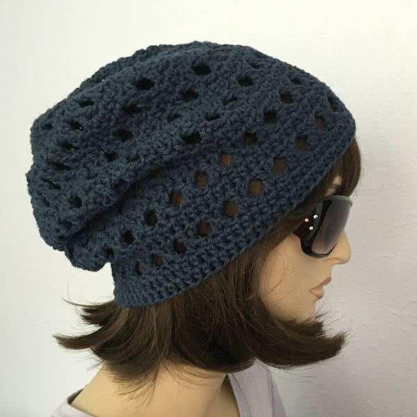 Women Crochet Summer Hat Women Summer Slouchy Beanie in Indigo Blue Cotton Yarn Women Spring Hat