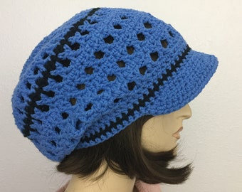 Women Crochet Summer Hat with Visor Women Summer Slouchy Beanie in Blue Cotton Yarn Women Spring Slouchy Hat Summer Fashion