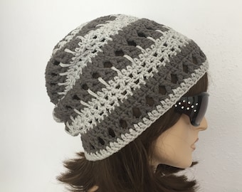 Women Crochet Summer Hat Women Spring Slouchy Beanie in Shades of Gray Cotton Yarn