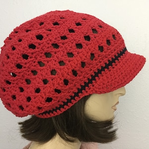 Women Crochet Summer Hat with Visor Women Summer Slouchy Beanie in Red Cotton Yarn Women Spring Slouchy Hat Summer Fashion