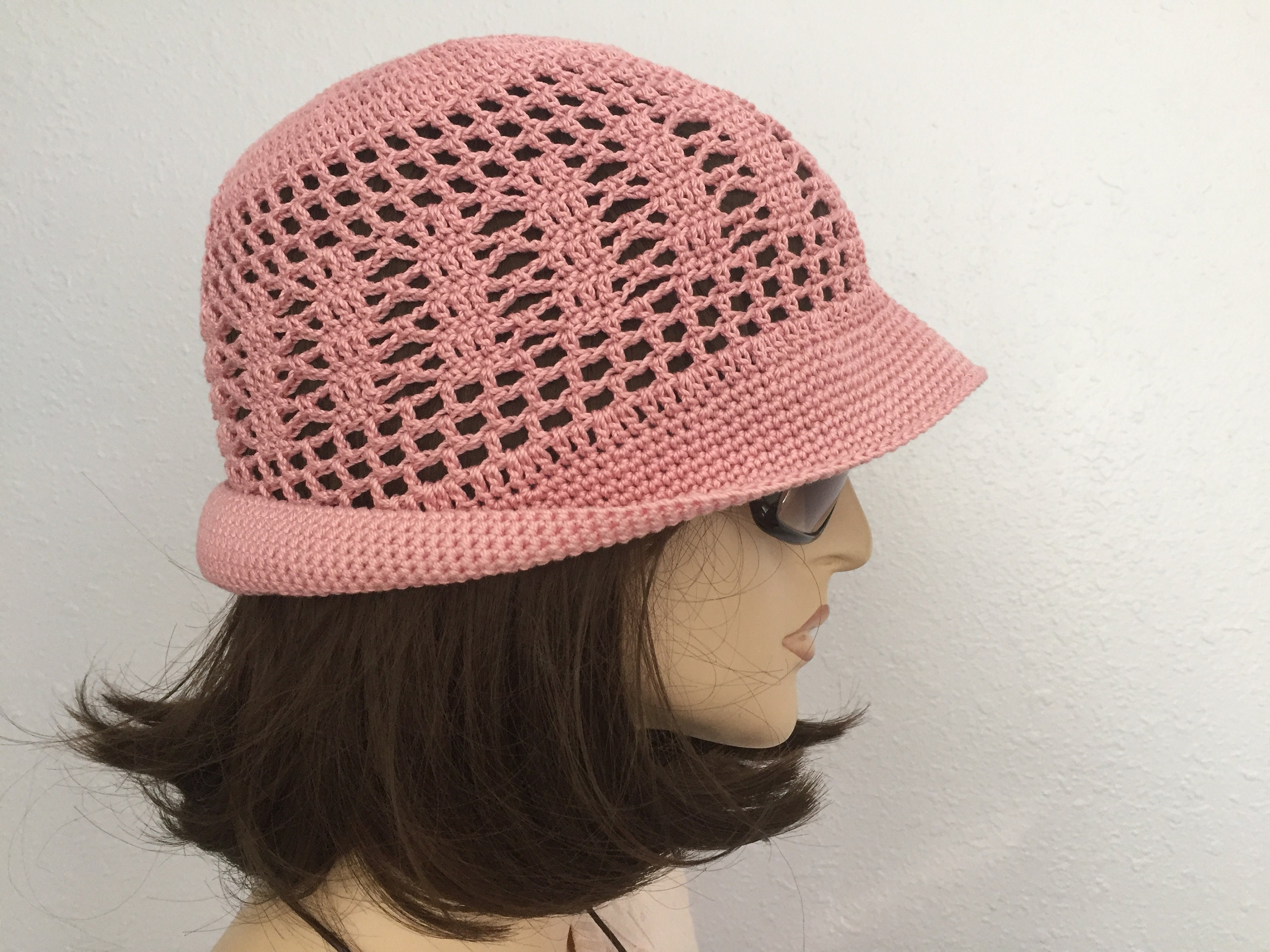 Ladies Crochet Brim Toyo Straw/Canvas Bucket Hat summer beach garden pink black 