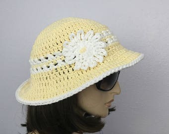 Women Crochet Summer Hat with Flower Women Summer Hat in Natural Yellow Color Women Spring Hat