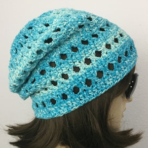 Women Crochet Summer Hat Women Summer Slouchy Beanie in Ocean Blue Cotton Yarn Women Spring Hat