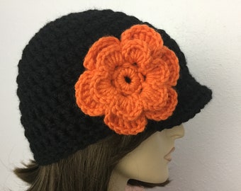Women Crochet Hat with Visor Women Fall Hat Women Winter Hat with Flower Teen Hat Brimmed Beanie Hat