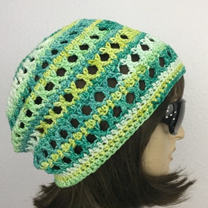 Women Crochet Summer Hat Women Summer Slouchy Beanie in Green Stripped Cotton Women Spring Hat Summer Fashion