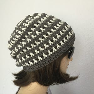 Womens Summer Crochet Hat Women or Men Summer Slouchy Beanie in Gray Strips Spring Hat Summer Fashion