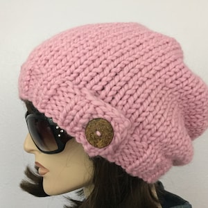 Women Chunky Knit Hat Pink Slouchy Hat with Button Womens Accessories Fall Fashion Winter Hat