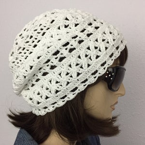 Women Crochet Summer Hat Women Summer Slouchy Beanie in White Cotton Yarn Women Lacy Summer Hat Women Spring Hat