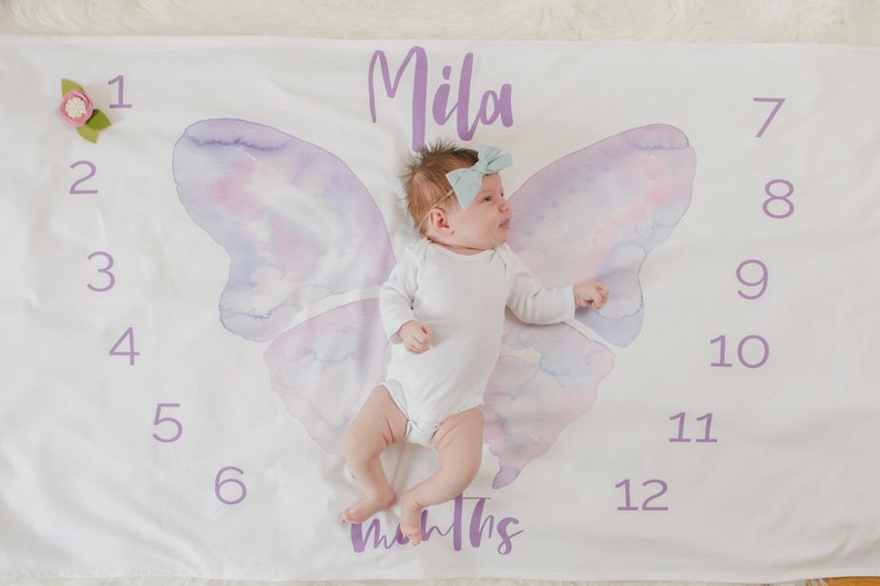 Baby Girl Purple and Pink Butterfly Wings Design Watercolor CUSTOM MILESTONE BLANKET Monthly Photos Baby Shower Welcome Gift