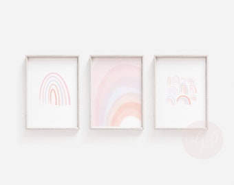 SET OF THREE (3)- Watercolour Rainbows | Art Prints | Pink Coral Peach Purple | Painting |  Nursery Baby Room decor | Personalized | Custom