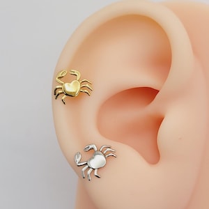 20G/18G/16G Heart Crab Push Pin Labret, Threadless Flat Back Earrings, Tragus Stud, Helix Stud, Cartilage Nose Stud, Halloween Gift