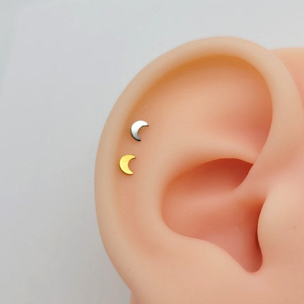 20G/18G/16G Moon Stud Push Pin Labret, Threadless Flat Back Earrings, Tragus Stud, Flat Back Stud, Helix Stud, Cartilage. Nose Stud