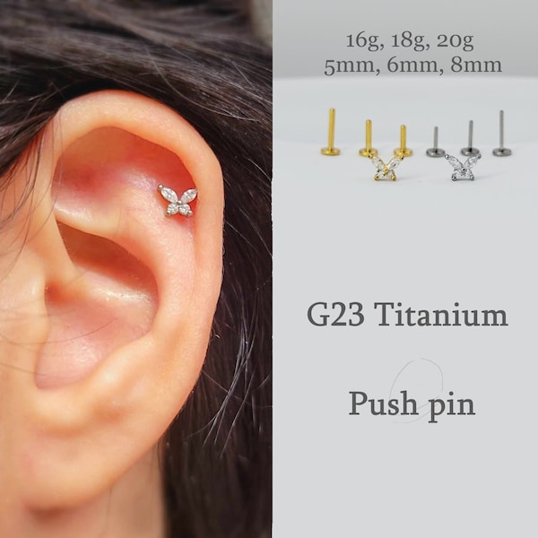 20G/18G/16G Butterfly Titanium Stud Push Pin Labret, Threadless Flat Back Earrings, Tragus Stud, Flat Back Stud, Helix Cartilage, Nose Stud