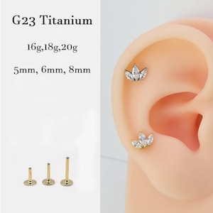 20G/18G/16G Titanium Marquise CZ 3 three stones Push Pin Labret, Threadless Flat Back Earrings, Tragus Flat Back Helix Stud, Cartilage Nose