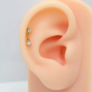 20G/18G/16G Titanium CZ Dangle Two Stones Stud Push Pin Labret, Threadless Flat Back Earrings, Tragus Flat Back, Helix Cartilage, Nose Stud