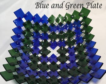 Blue and Green Glass Fused Bowl, Basket Pattern, Square, 8.5 inches, Home Decor