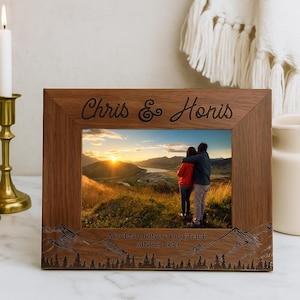 Adventure-Themed Wooden Picture Frame - Custom Engraved Adventure Photo Frame - Wedding, Anniversary, Couples Gift - Red Amber or Walnut