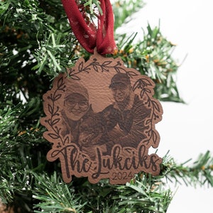 Custom Leatherette Photo Ornament - Personalized Family Christmas Ornament 2024 - Photo Ornament with Family Name - Unique Holiday Gift