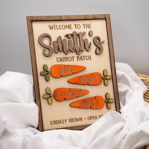 Op de afbeelding: Een houten bord met de tekst "Welkom bij de Smith's Carrot Batch" en vier carotenvormige stukken met de namen "Papa", "Mama", "Elizabeth" en "Matt" erop. Het bord ligt op een wit stoffen oppervlak.