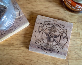 Fire Department Set of 4 Coasters or Keychain - Firefighter loved one gift - 4" square Acacia wooden Coasters - Engraved with department