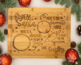 Personalized Dear Santa cutting board for cookies, milk & reindeer treats — a festive engraved bamboo board for Christmas Eve.