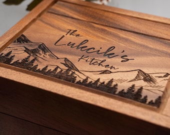 Personalized Acacia Wood Recipe Box - Mountain Engraved Design - 2-Compartment Organizer - Custom Name - Fits 4x6 or 3x5 Recipe Cards