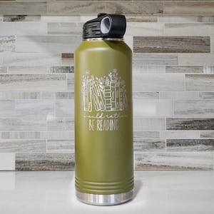 Book Lover Water Bottle or Travel Mug | Floral Bookshelf Design | Reader Gift | Bookish Gift for Bibliophiles | I'd Rather Be Reading