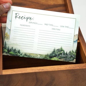 Berg Rezept Karten - Name Optional - Doppelseitiges 100x150 rustikales Walddesign - Küchen Geschenk, Brautparty, Rezeptkarte für Naturliebhaber