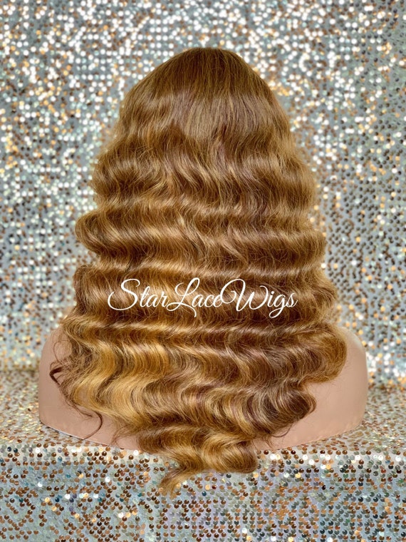 Long Curly Wig Light Golden Brown Strawberry Blonde Body Wave Bangs Middle Part Heat Resistant Safe