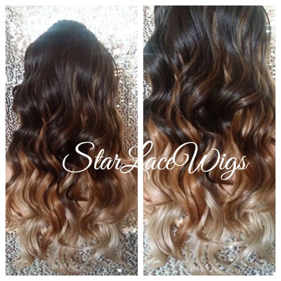 Long Brown Auburn Blonde Wavy Ombre Lace Front Wig Layers Etsy
