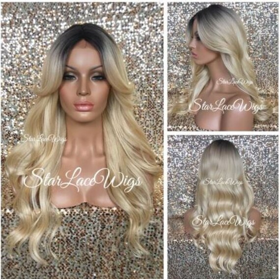 Long Curly Blonde Wig Dark Roots Bangs Middle Part Etsy