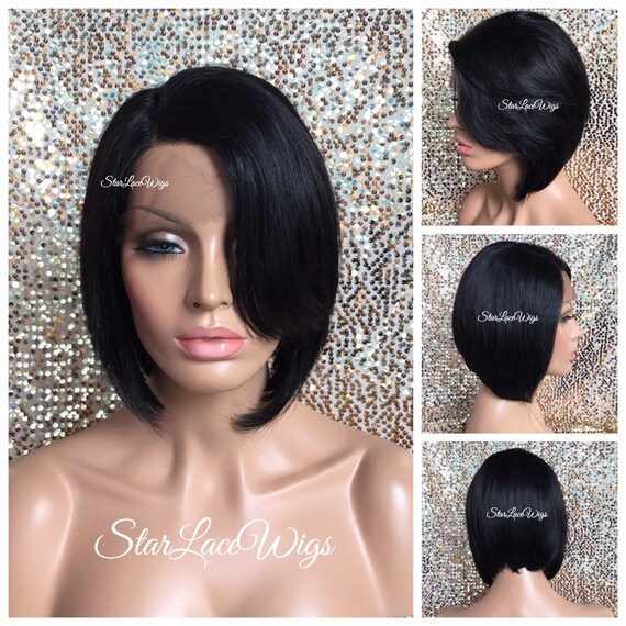 Lace Front Wig Asymmetrical Bob Black Brown Straight Etsy