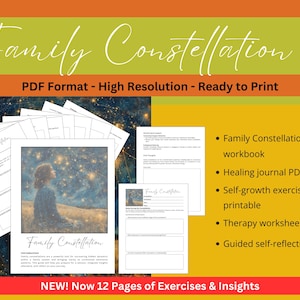 Peut inclure: Un cahier d'exercices imprimable pour les constellations familiales avec un fond de ciel étoilé et une femme regardant les étoiles. Le cahier comprend 12 pages d'exercices et de réflexions. Le texte sur la couverture est "Family Constellation".