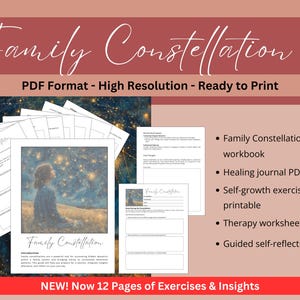 Peut inclure: Un cahier d'exercices imprimable en format PDF pour les constellations familiales avec une image de fond de ciel étoilé. Le cahier d'exercices comprend 12 pages d'exercices et de réflexions. Le texte sur la couverture est "Family Constellation".