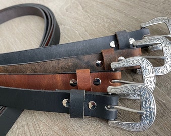 Buffalo Leather Belt with Silver Western Floral Buckle