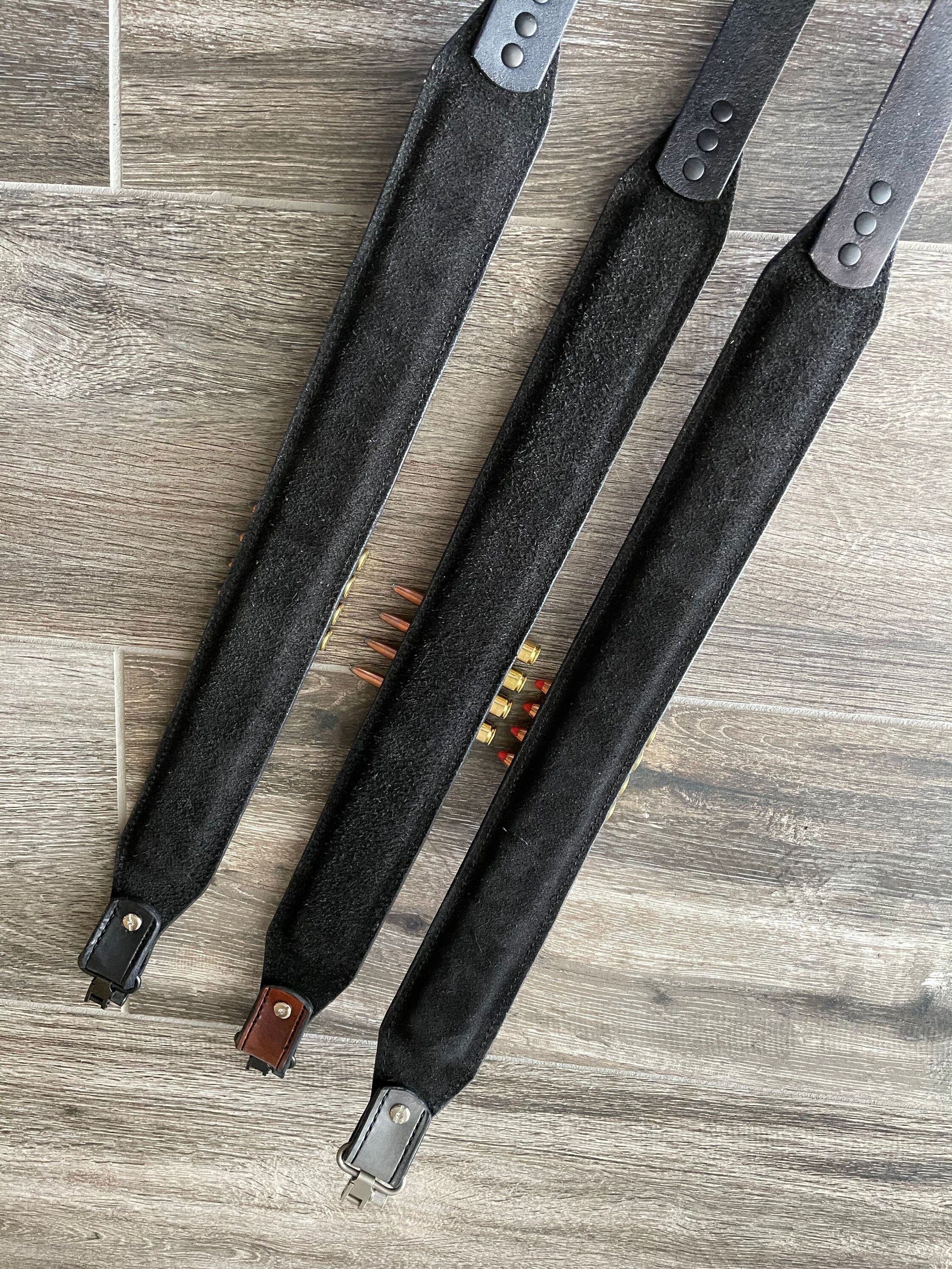 Handtooled Leather Rifle Sling with Bullet Loops, Finished in Gray