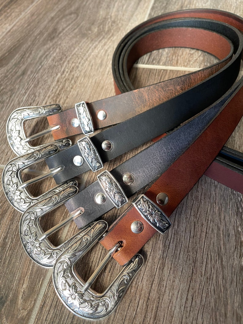 Leather Belt With Antique Silver Western Floral Buckle Set - Etsy