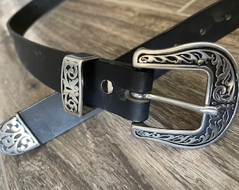 Leather Belt with Western Floral Buckle Set (1.25-inch width)