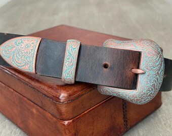 Western Leather Belt with Antique Copper Buckle Set