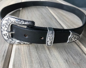 Leather Belt with Antique Silver Western Floral Buckle Set