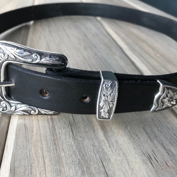 Leather Belt with Antique Silver Western Floral Buckle Set