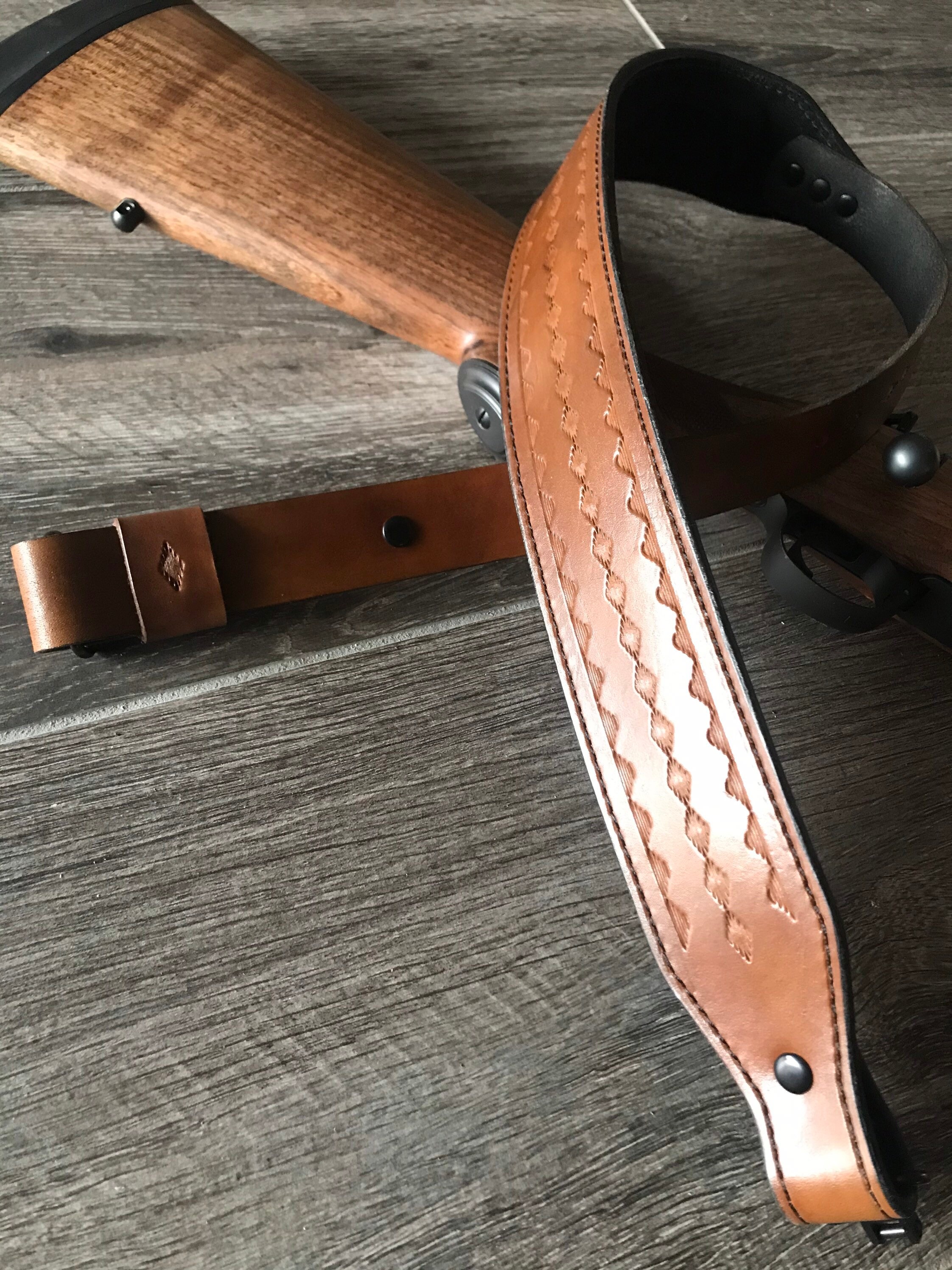 Handtooled Leather Rifle Sling, Finished in Walnut and black (Brown